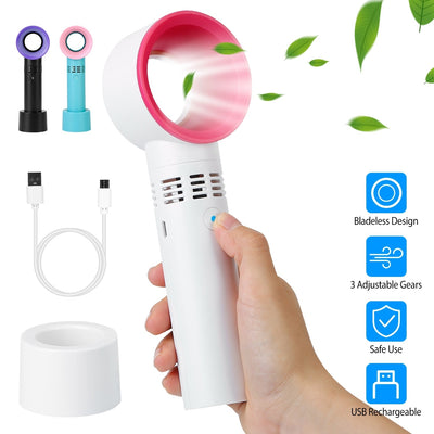 Portable Handheld Bladeless Fan Rechargeable Cooling USB Fan Desktop Use Fan w/ 3 Gears LED Indicator Cooling Fan