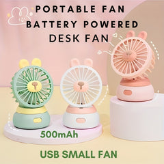 1pc Mini Rabbit Portable Handheld Battery Operated Fan Desk Fan; 500mAh USB Rechargeable Battery Operated Fan For Indoor Outdoor Car Desk; 3 Speeds Silent Desktop Cooling Fan Mini Small Fan