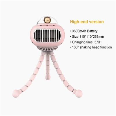 Mini Stroller Cooling Fan 3600mah Rechargeable 130 Degree Auto Rotation 4 Speeds Handheld Air Cooler Fan Pink